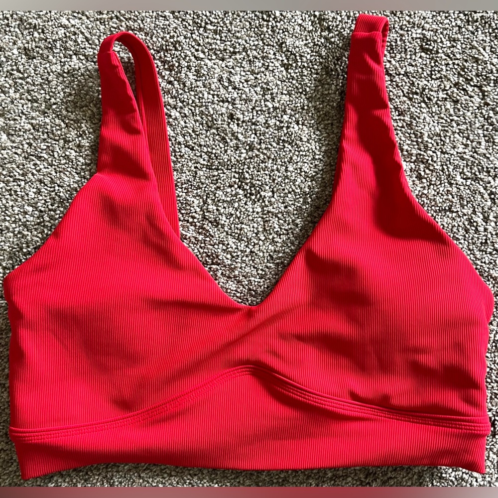 Red Ribbed V-Neck Sports Bra - Women's Support